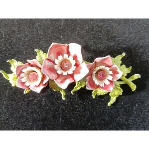 Vintage SELINI Enamel Pink & Rhinestone Flower Trio & Leaves Green Pin Brooch